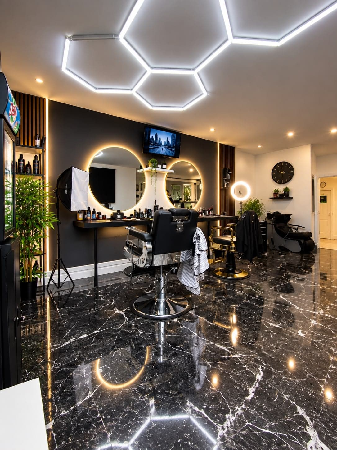 Intérieur du salon BARBALI, coiffeur et barbier à Saint-Avé près de Vannes : fauteuils de barbier, miroirs ronds rétroéclairés et sol en marbre noir